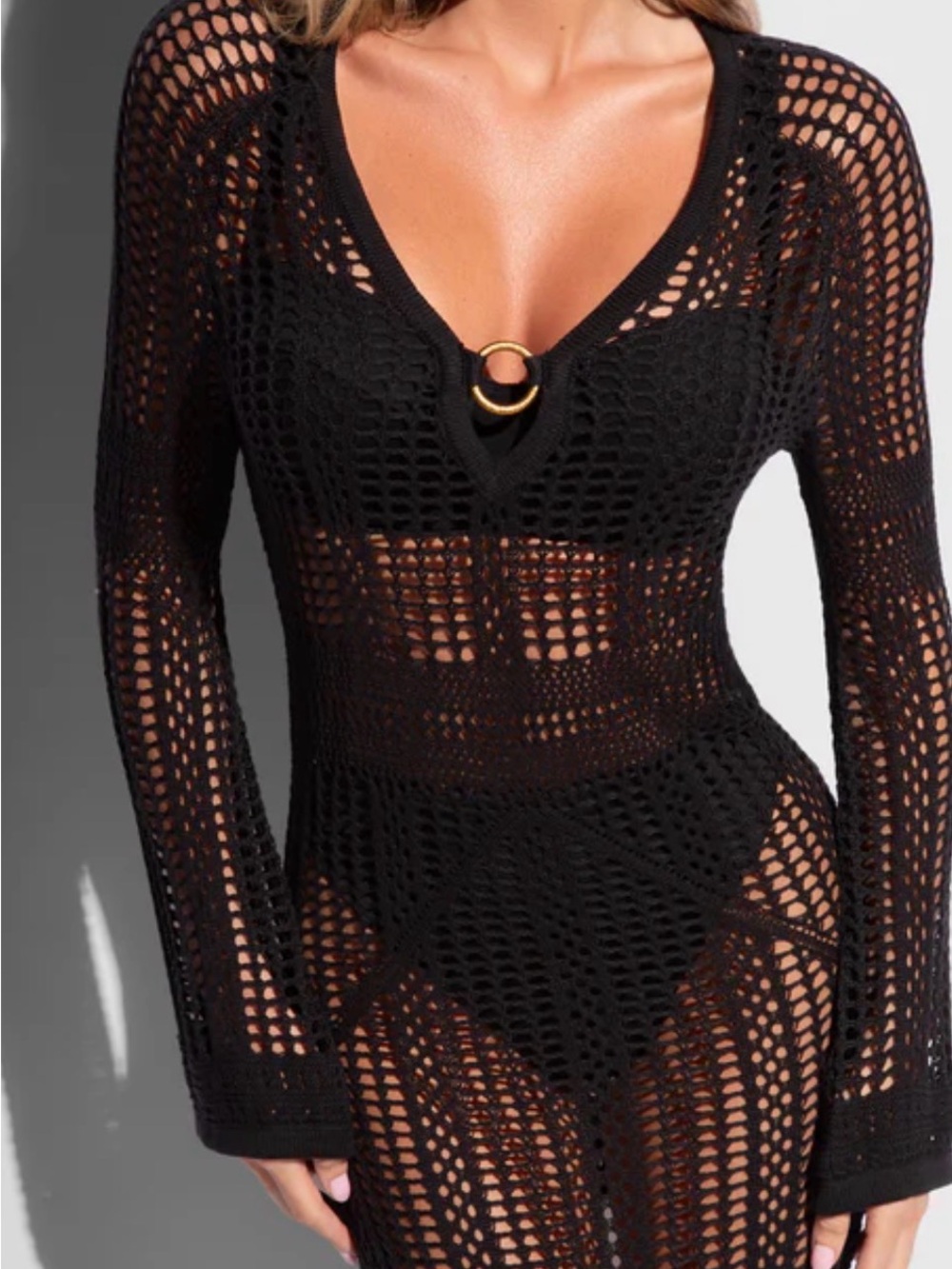Black Crochet Long-Sleeve Swim Coverup with Gold Ring Accent